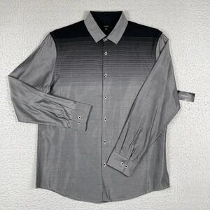Alfani Shirt Mens Medium Black Gray Striped Casual Office‎ Workwear Travel Job